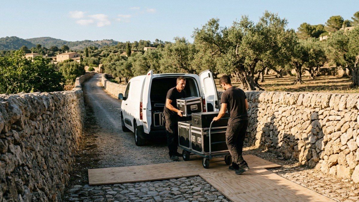 Sound equipment being unloaded from a van on the access track of a Mallorcan finca, with flight cases on a trolley, protective boards on the cobbles and dry-stone walls on both sides