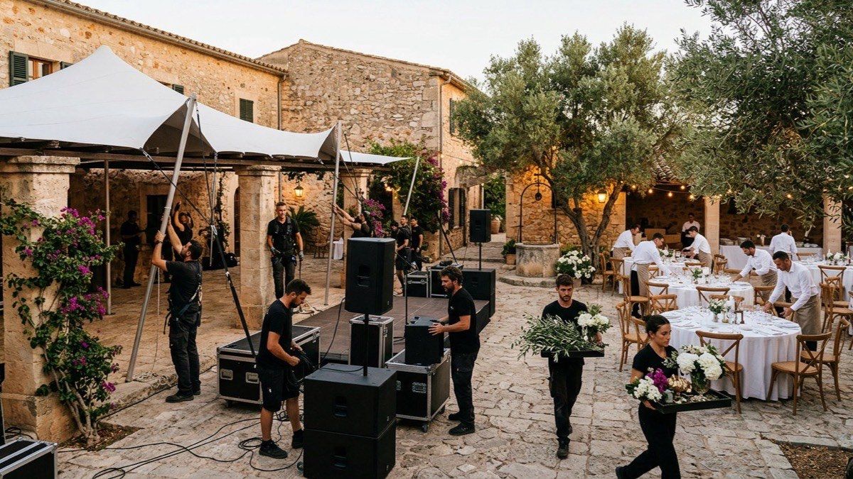 Several crews working at once in a Mallorcan finca courtyard during the build: marquee riggers, sound technicians with speaker cabinets, florists with centrepieces and waiting staff dressing tables, at dusk