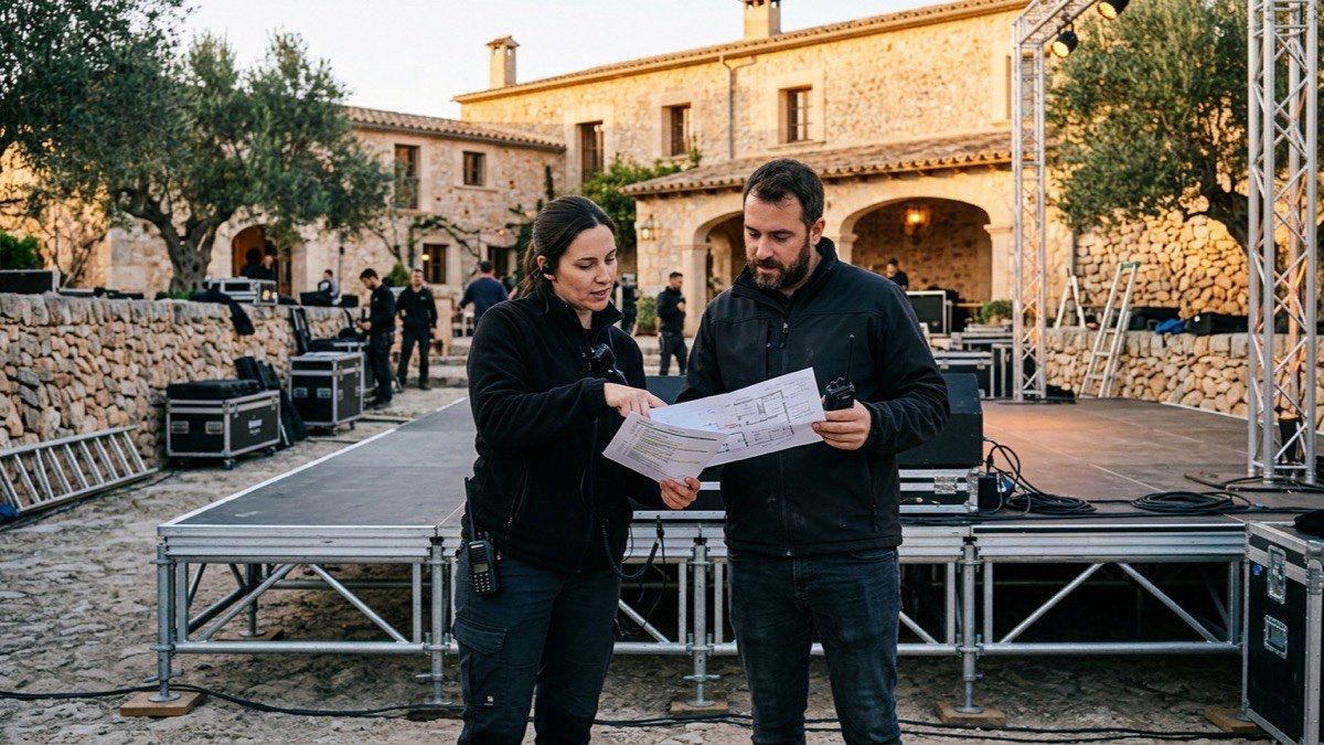 Two event leads going through a running order and a plan together next to a half-built stage, radios in hand, with the finca courtyard behind them