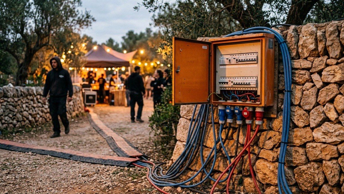 A portable event distribution board with RCDs and breakers open against a stone wall, CEE cables running to the ground and protected by cable ramps, in low amber light