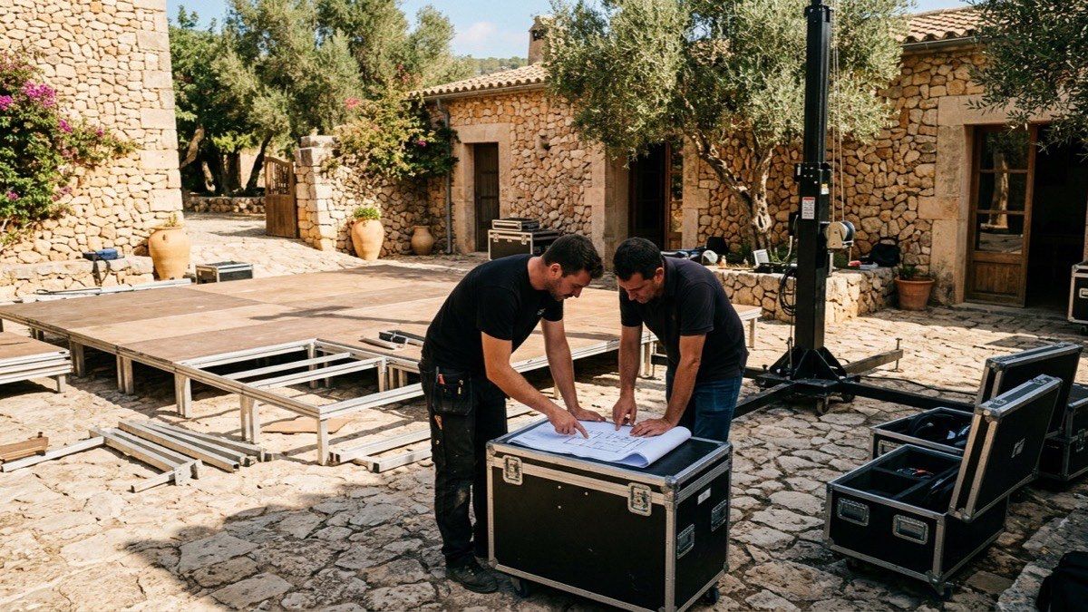A build in sequence at a Mallorcan finca courtyard: a half-assembled modular stage, an unraised lifting tower, open flight cases and two technicians reading a plan on top of a case