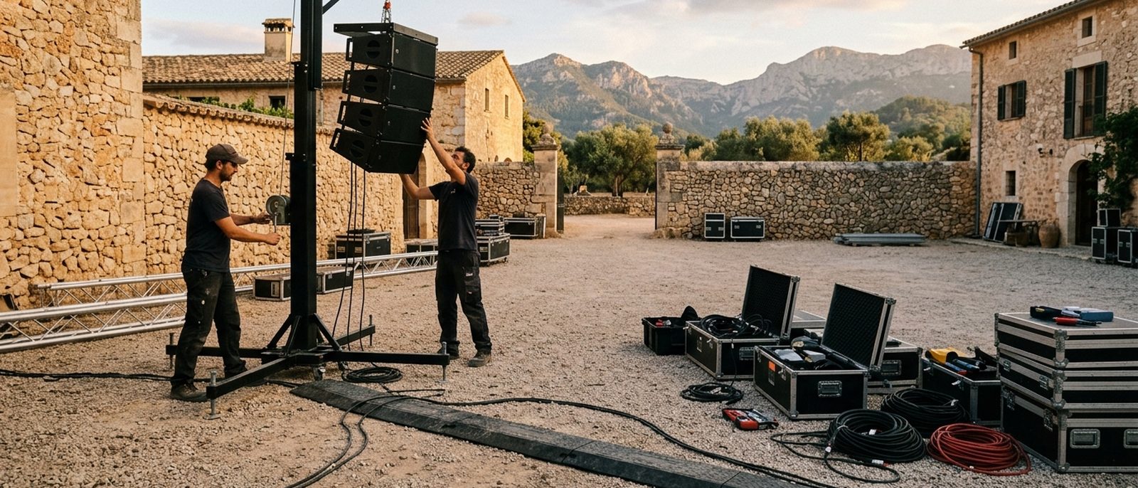 Aufbau einer Veranstaltung im Innenhof einer mallorquinischen Possessió am späten Nachmittag, mit Technikern, die ein Line-Array-Modul an einem Hubturm hochziehen, und offenen Flightcases im Kies