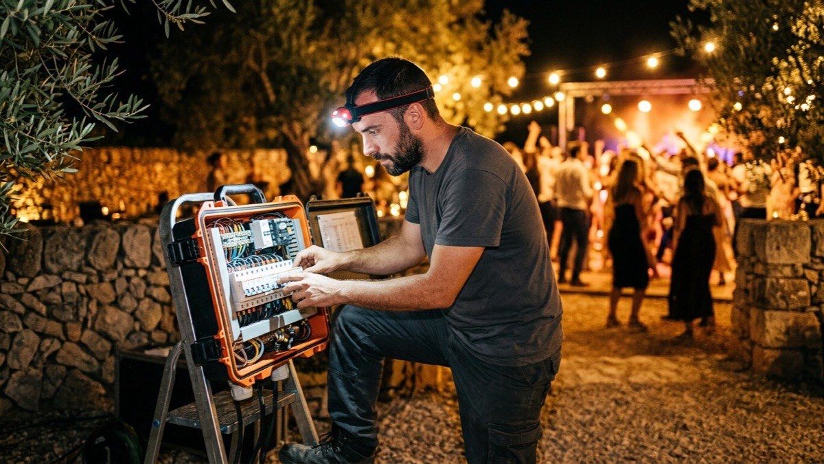 A technician checking a distribution board by head torch during a night event at a Mallorcan finca, with the amber-lit party out of focus behind