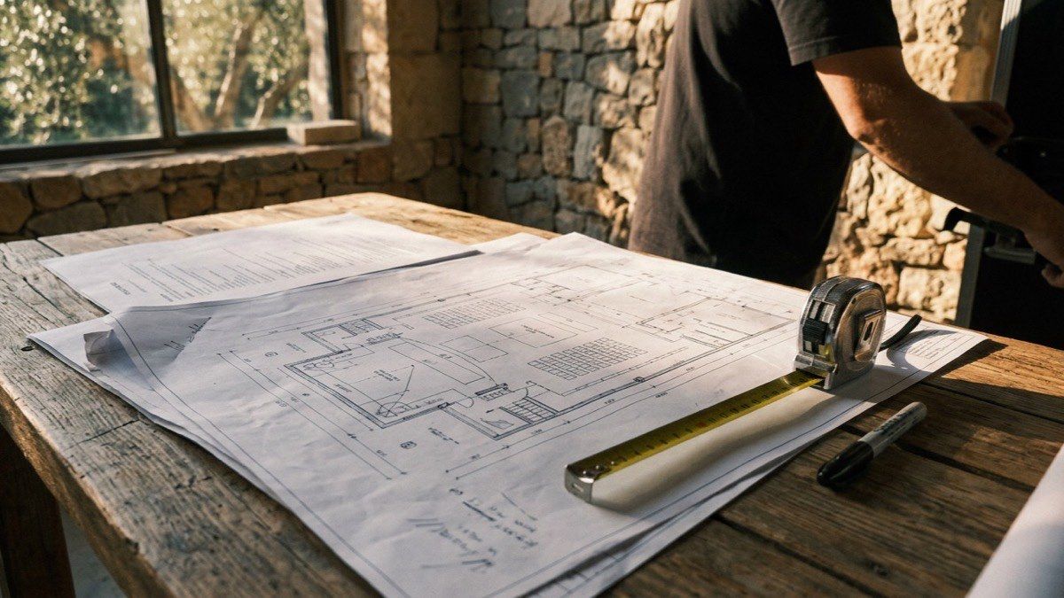 A dimensioned event floor plan and a technical rider spread across a work table beside a tape measure and a marker, lit warmly from the side