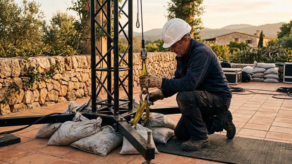 A technician in helmet and gloves inspecting a sling and shackle at the base of a ballasted lifting tower outside a Mallorcan finca in late afternoon light