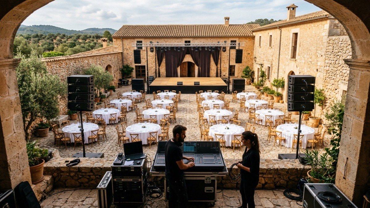 Elevated view of a Mallorcan finca courtyard in mid-afternoon with the build nearly finished: stage, speakers in position, dressed tables and two technicians adjusting the control position