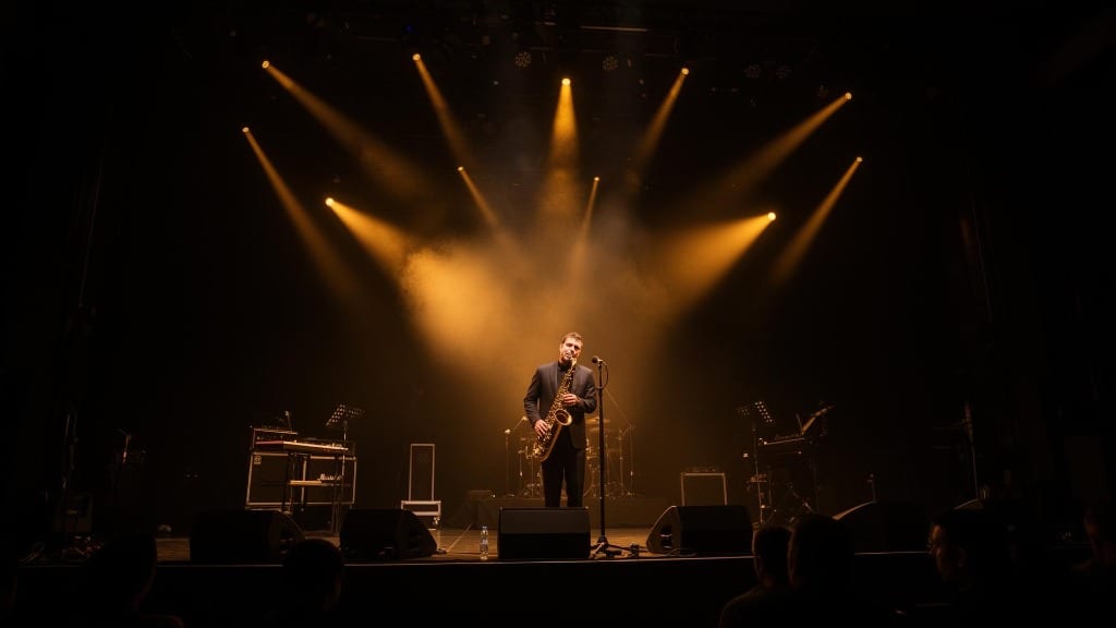 Saxofonista en directo con equipo de sonido profesional FØNØY Sound en evento al atardecer en Mallorca