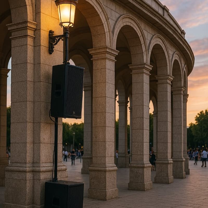 Bühne des Dorffestes mit Truss, Line Array und Beleuchtung